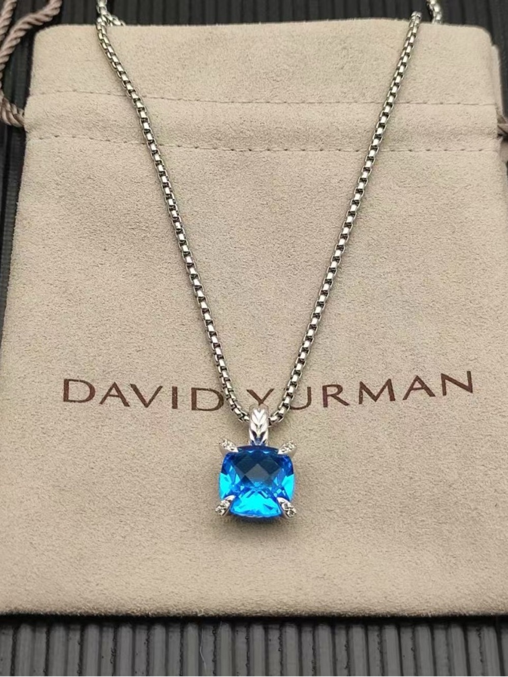 David Yurman Sterling Silver Necklace with Bright Blue Cushion Topaz Pendant